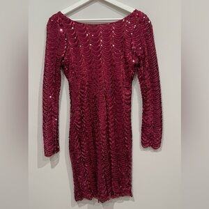 Elegant Burgundy Sequin Long Sleeve Dress - Size: S